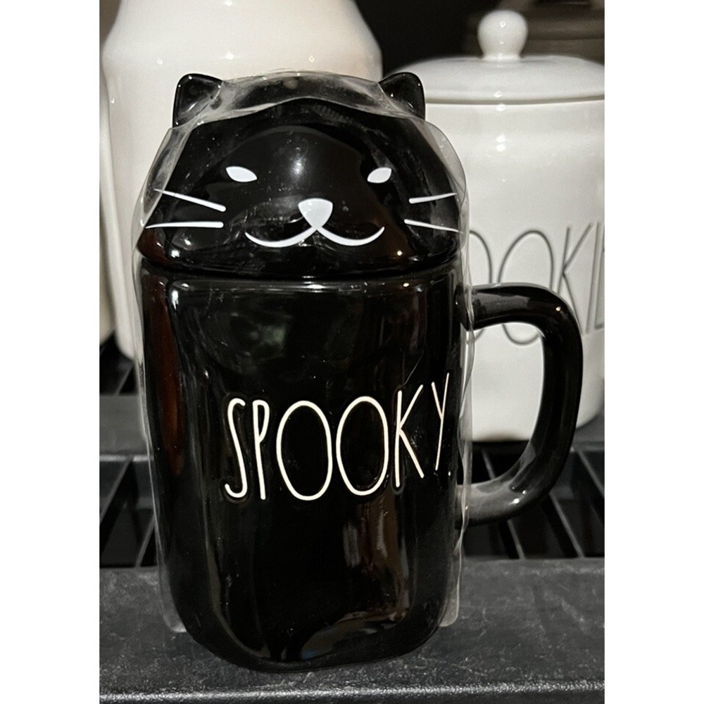 Rae Dunn by Magenta Halloween SPOOKY Black Mug With Cat Topper *